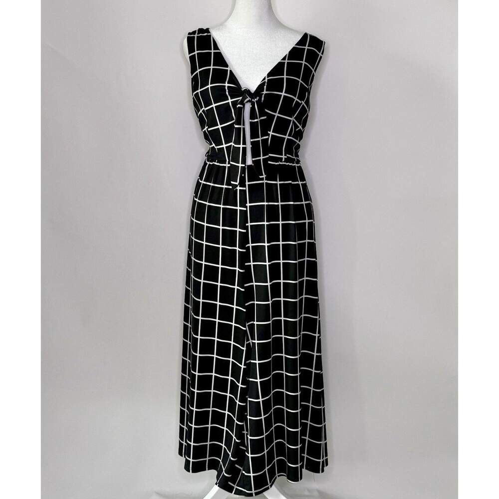 CHARLOTTE RUSSE Jumpsuit Womens Sz M Black White Grid Wide Leg Front Tie Stretch